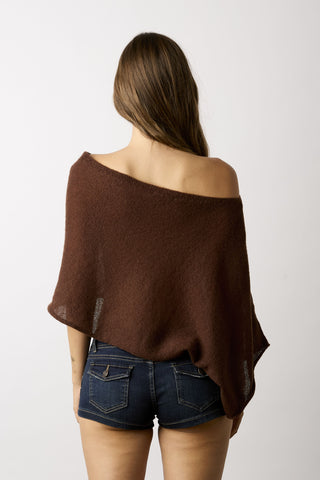 Zoya brown off-shoulder knit poncho top back view