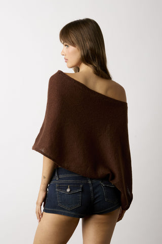 Zoya brown off-shoulder knit poncho top side view