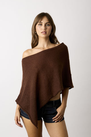 Zoya brown off-shoulder knit poncho top front view