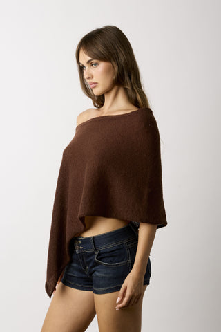 Zoya brown slouchy off-shoulder knit poncho top side view