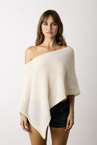 Zoya cream off-shoulder asymmetric knit poncho top 