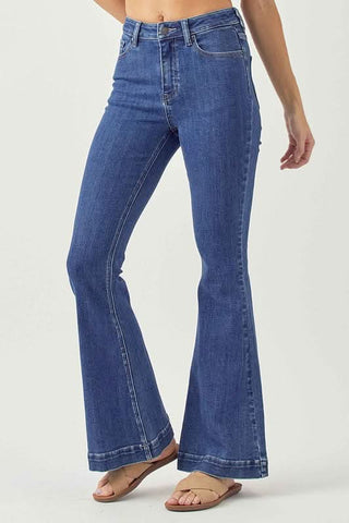  Dark Wash Denim Flare Jeans with five pocket cut and flared leg silhouette