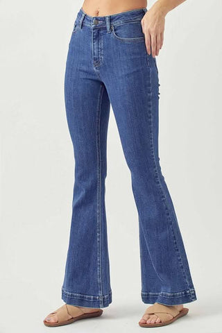 High waisted Randy Dark Wash Jeans with five pocket cut and flared leg 
