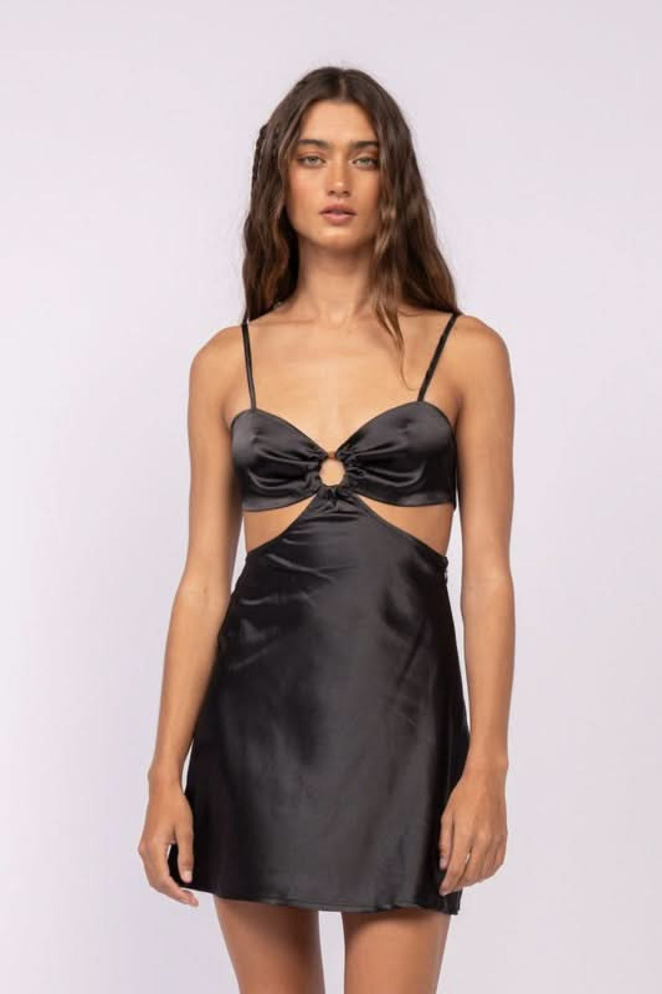Jamie Black Satin O-Ring Dress front view | Boho Pink