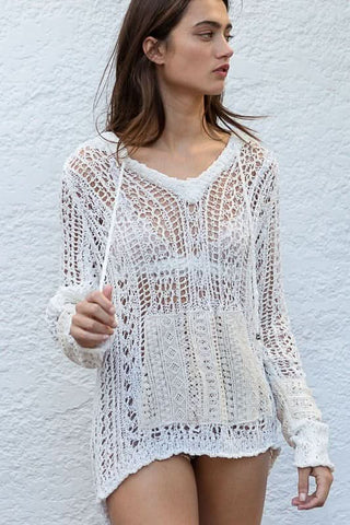 Naxos White Sheer Crochet Hoody Sweater Styled as a Beach Coverup