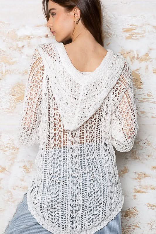 Naxos White Sheer Crochet Hoody Sweater from our boho sweaters