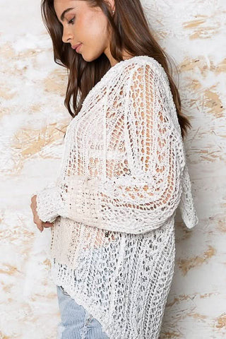 Naxos White Sheer Crochet Hoody Sweater - Side View