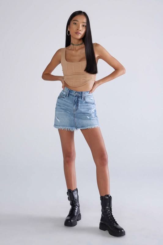 Medium Wash Distressed Denim Skirt