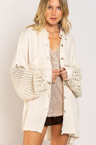 Lesley Beige Crochet Sleeve Shacket - Front View
