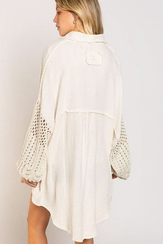 Lesley Beige Crochet Sleeve Shacket - Back View