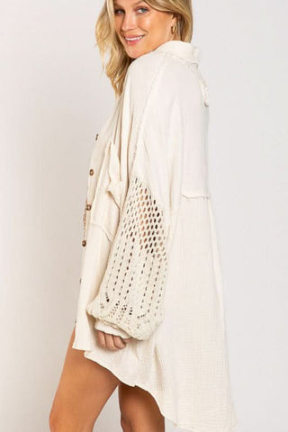 Lesley Beige Crochet Sleeve Shacket - Side View