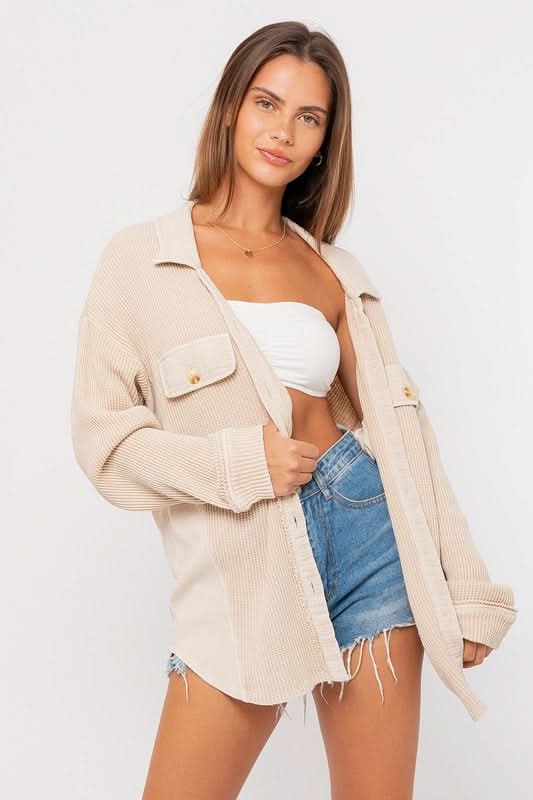 Taupe Waffle Knit Button-Down Shacket Shirt Boho Pink