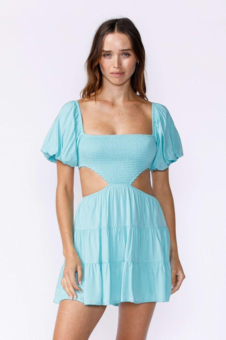 Good To Know Aqua Blue Cutout Puff Sleeve Dress - Size M - Flirty Fit-and-Flare Mini Dress by Sky To Moon Good To Know Aqua Blue Cutout Puff Sleeve Dress - Size M - Flirty Fit-and-Flare Mini Dress by Sky To Moon