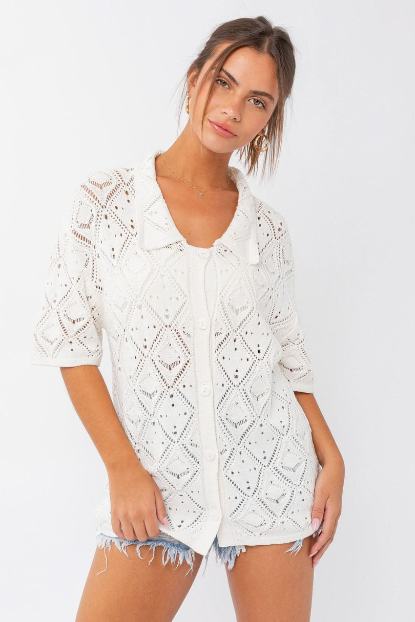 White Crochet Short Sleeve Collared Top