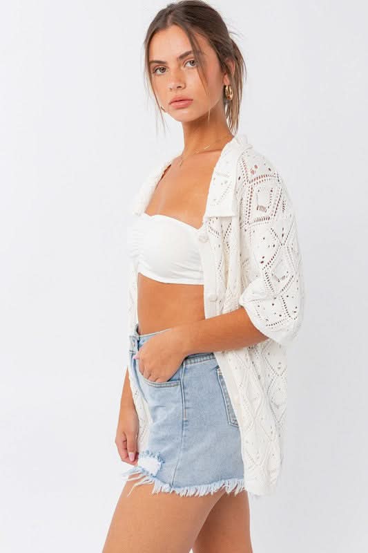 Mara White Crochet Button-Up Top