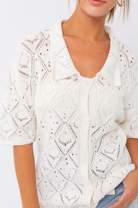 Crochet Button-Up Top - white