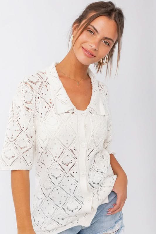 White Crochet Button-Up Top