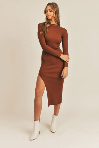 Brown Ribbed Bodycon Midi Dress