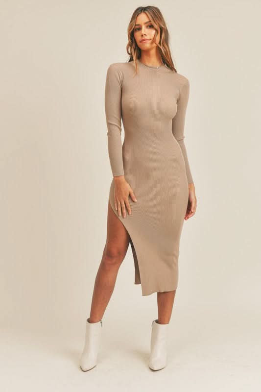 Mable Pauline Taupe Ribbed Bodycon Midi Dress - Size S - Long Sleeve, High Neck, Extra-High Side Slit Mable Pauline Taupe Ribbed Bodycon Midi Dress - Size S - Long Sleeve, High Neck, Extra-High Side Slit