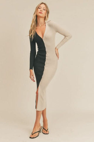 Julie Black and Taupe Colorblock Midi Dress from our cute sweater dresses edit