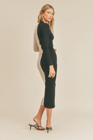 Julie Black and Taupe Colorblock Midi Dress styled with high heels