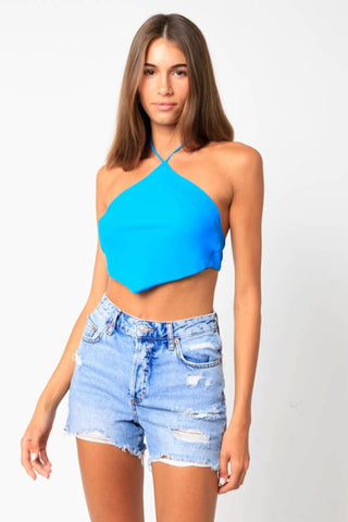 Serena Blue Handkerchief Halter Top - Front View