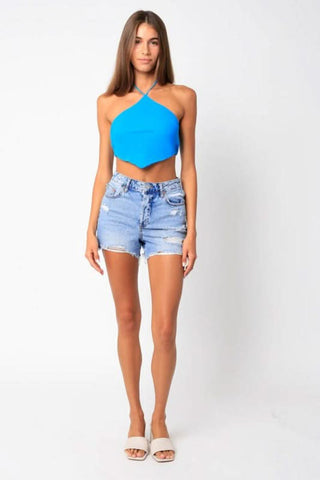 Serena Blue Handkerchief Halter Top - Outfit View