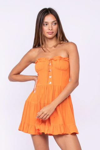 Garden Charm Orange Strapless Bustier Mini Dress front view | Boho Pink