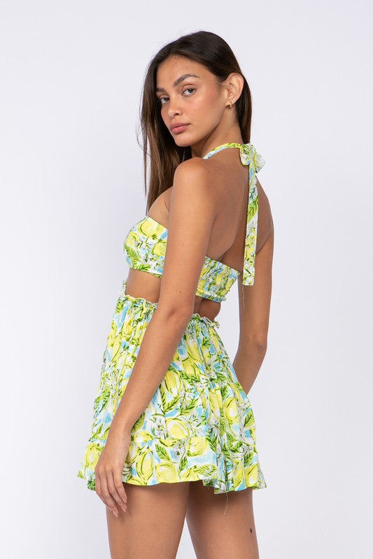 Yellow & Blue Lemon Print Dress - Halter Sundress | Boho Pink