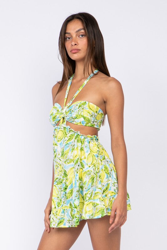 Yellow & Blue Lemon Print Dress - Halter Sundress | Boho Pink