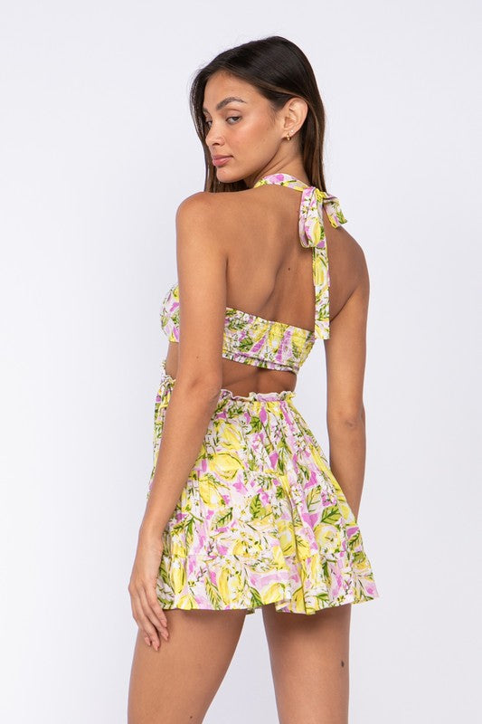 Yellow & Pink Lemon Print Dress - Halter Sundress | Boho Pink