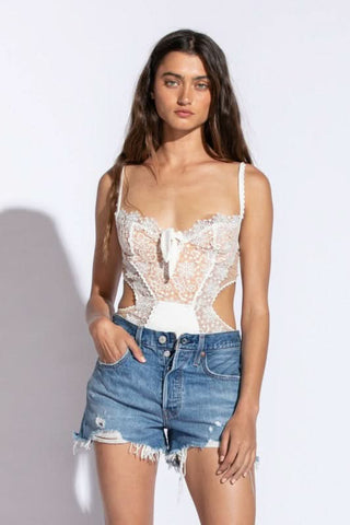 Maia White Lace Bodysuit front view | Boho Pink