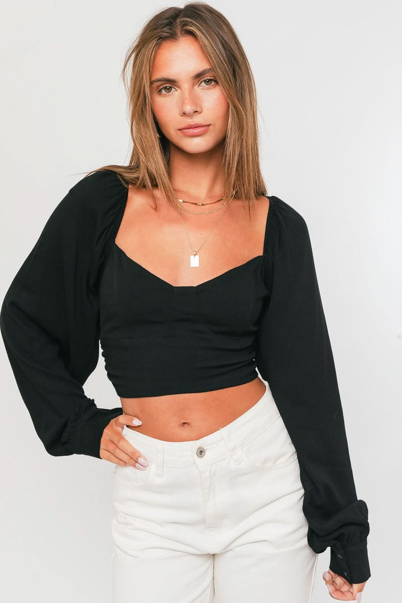 Black Long Puff Sleeve Crop Top