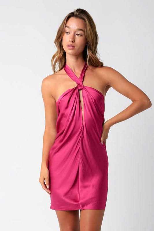 Olivaceous That Girl Fuchsia Satin Halter Mini Dress - Size L - Open Back & Keyhole Detail - Final Sale Olivaceous That Girl Fuchsia Satin Halter Mini Dress - Size L - Open Back & Keyhole Detail - Final Sale