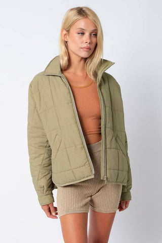 Olive Quilted Puffer Jacket - Front View