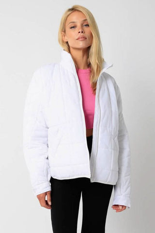 White Quilted Puffer Jacket - Front View