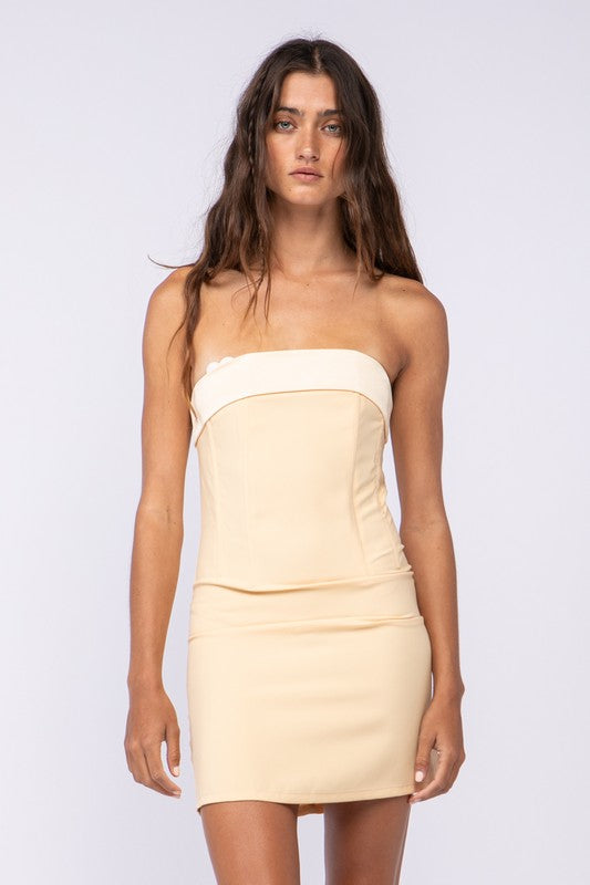 See You There Cream Mixed Media Strapless Mini Dress
