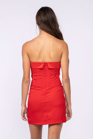 strapless red mini dress with corset bodice back view