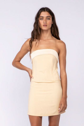 cream strapless satin mini dress bodycon fit