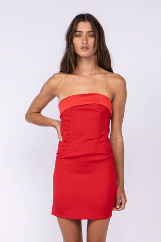 Red strapless satin mini dress for college date night