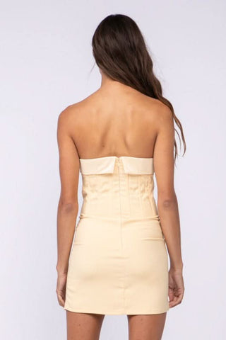 bodycon cream strapless mini dress with satin finish