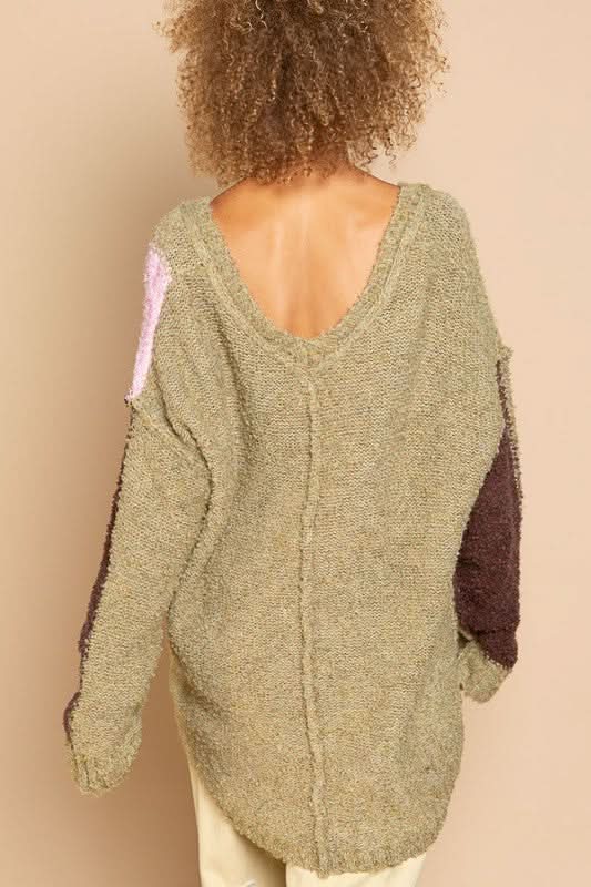 Betty Olive Green Colorblock V-Neck Sweater - Back View