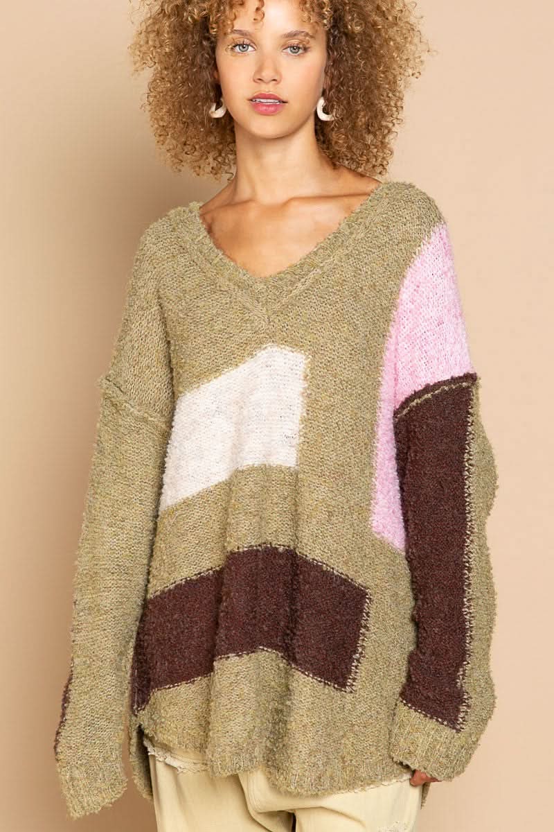 Betty Green Colorblock V-Neck Sweater - Front View