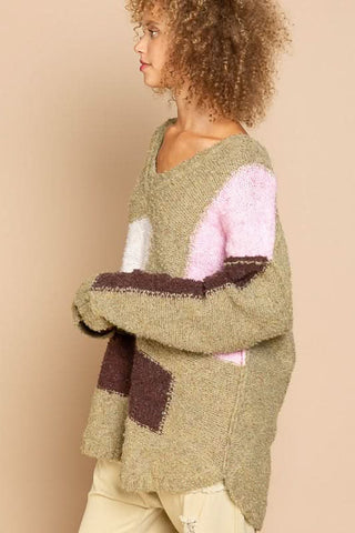 Betty Green Colorblock V-Neck Sweater, a slouchy sweater