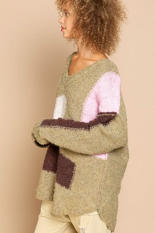 Betty Green Colorblock V-Neck Sweater, a slouchy sweater