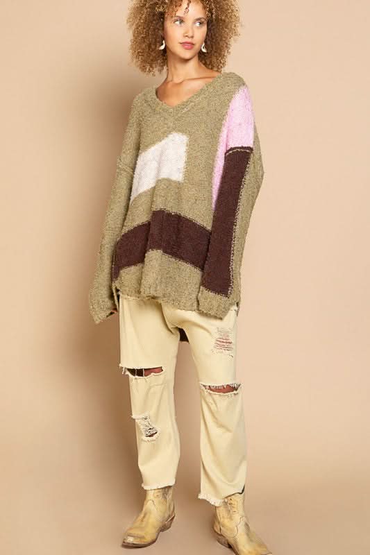 Betty Green Colorblock V-Neck Sweater - Front View