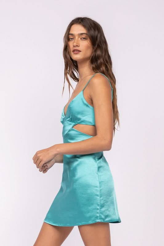 Teal Satin Cutout Mini Dress