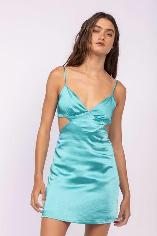Light Teal Satin Dress - Cutout Mini Dress