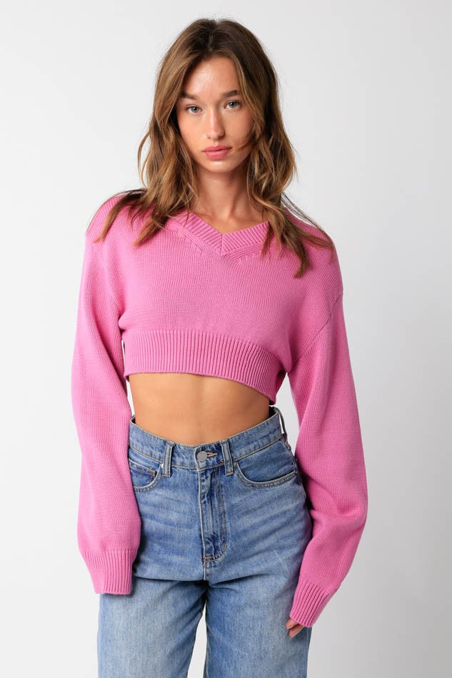 Mandie Pink V-Neck Sweater Crop