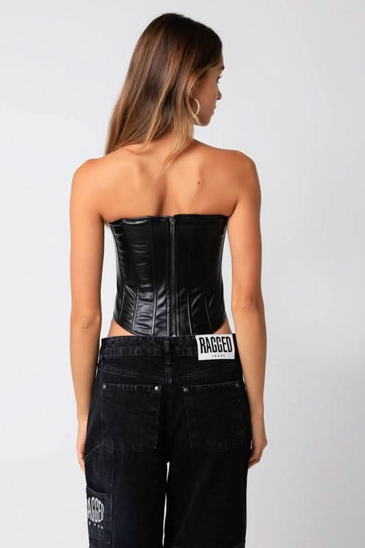 Strapless Black Leather Corset 